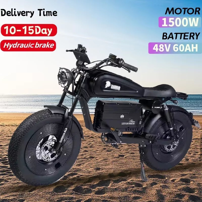 ZPW Black Warrior 1500W Motorbikes 48V 60AH Ebike Adult Road Electric Bicycle 20 Inch Off-Road Fat Tyre Electric Bike
