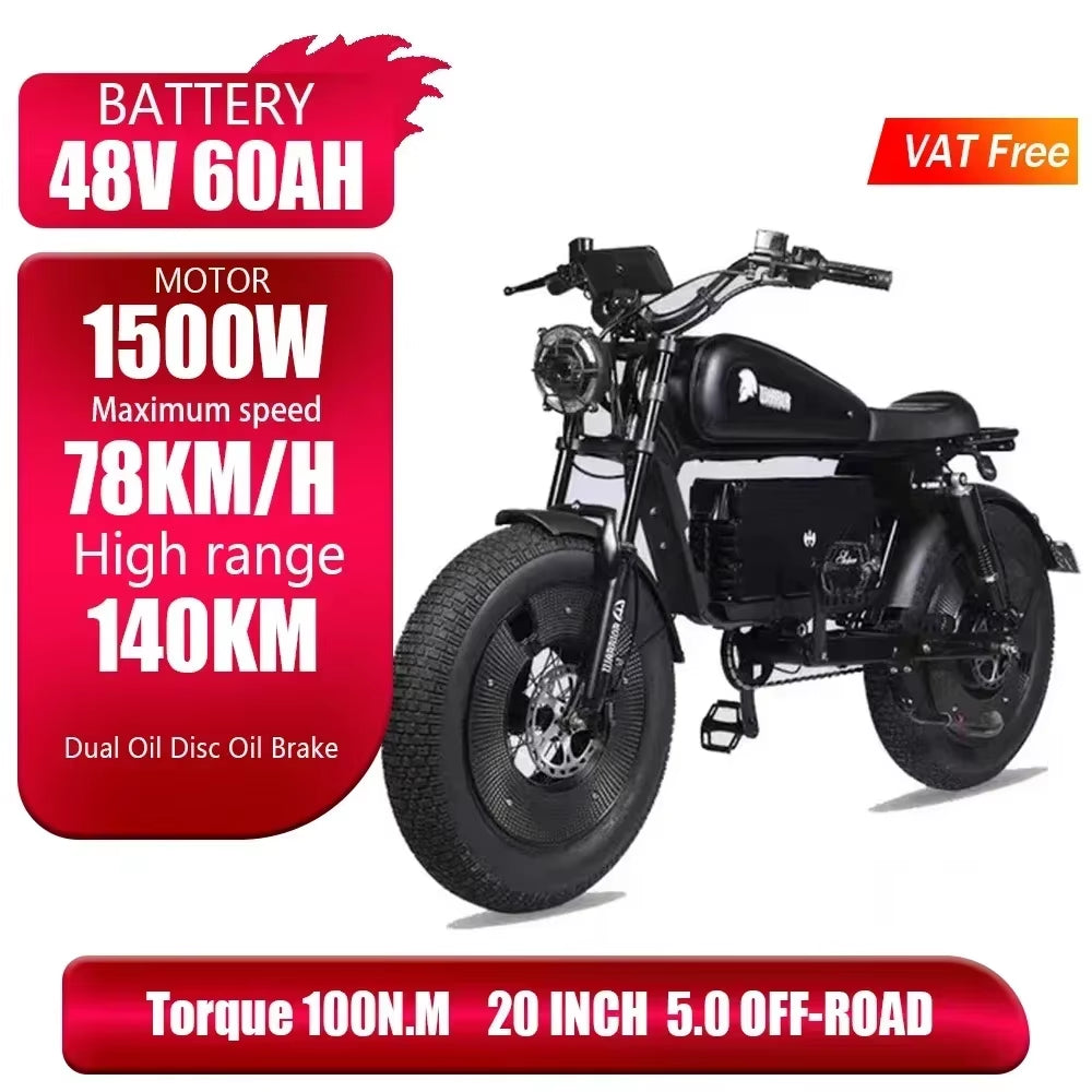 ZPW Black Warrior 1500W Motorbikes 48V 60AH Ebike Adult Road Electric Bicycle 20 Inch Off-Road Fat Tyre Electric Bike