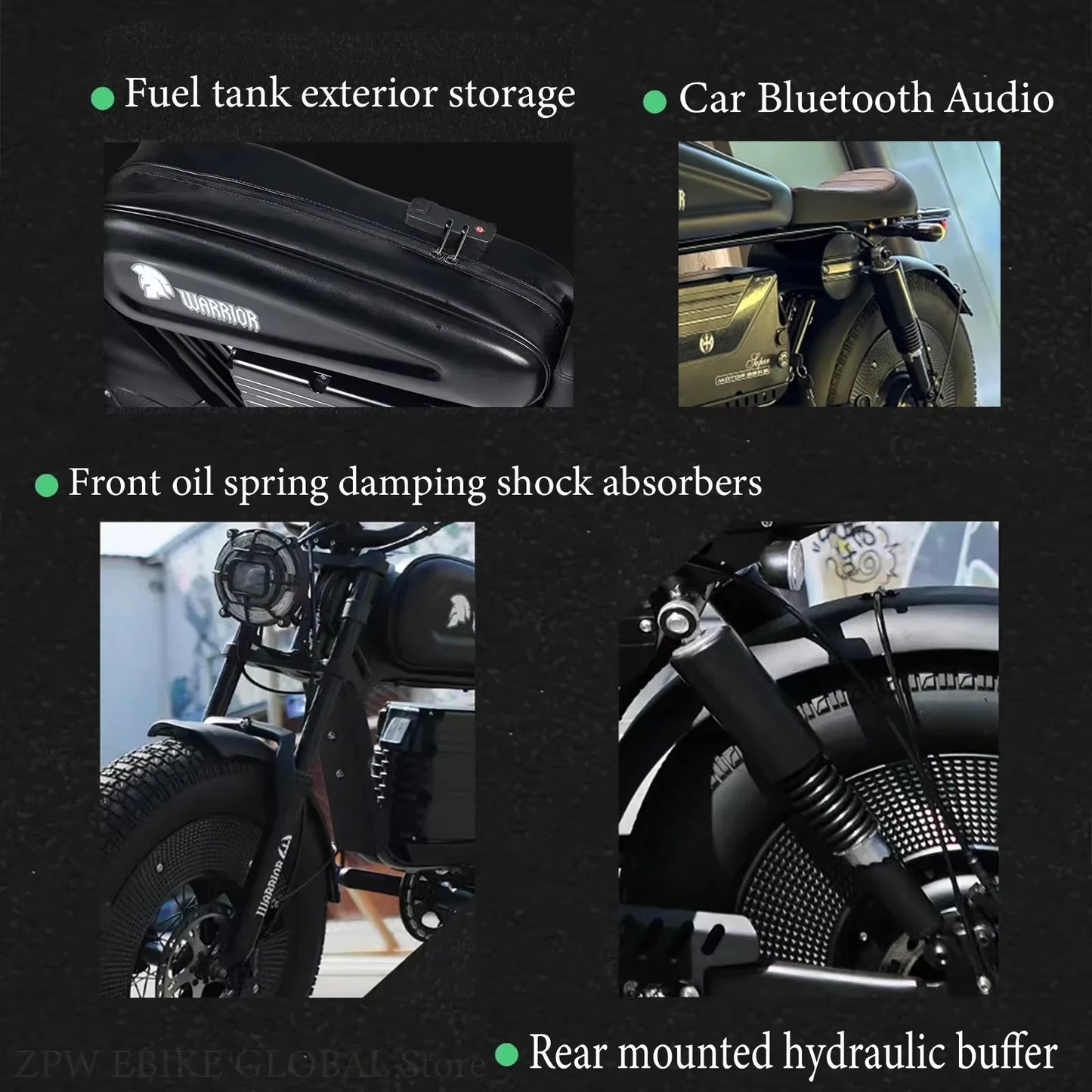 ZPW Black Warrior 1500W Motorbikes 48V 60AH Ebike Adult Road Electric Bicycle 20 Inch Off-Road Fat Tyre Electric Bike