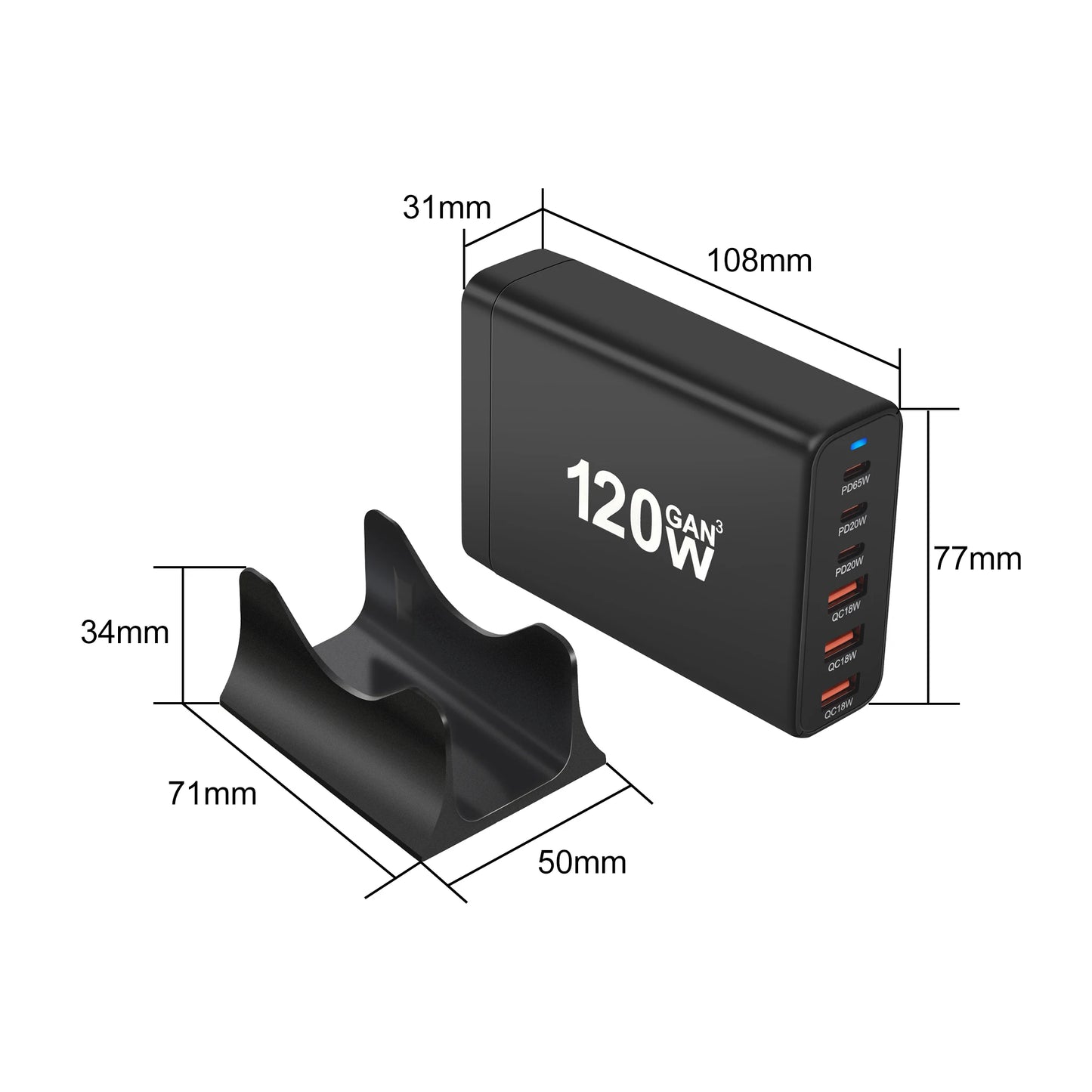 120W GAN Multi USB Charging Station 6 Port Hub Type C Charger PD Fast Charging Station Smart Charger for Iphone Samsung Xiaom