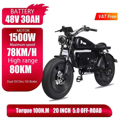 ZPW Black Warrior 1500W Motorbikes 48V 60AH Ebike Adult Road Electric Bicycle 20 Inch Off-Road Fat Tyre Electric Bike