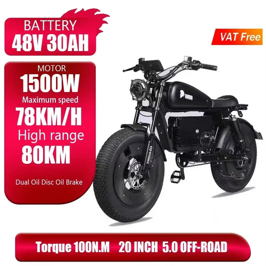 ZPW Black Warrior 1500W Motorbikes 48V 60AH Ebike Adult Road Electric Bicycle 20 Inch Off-Road Fat Tyre Electric Bike